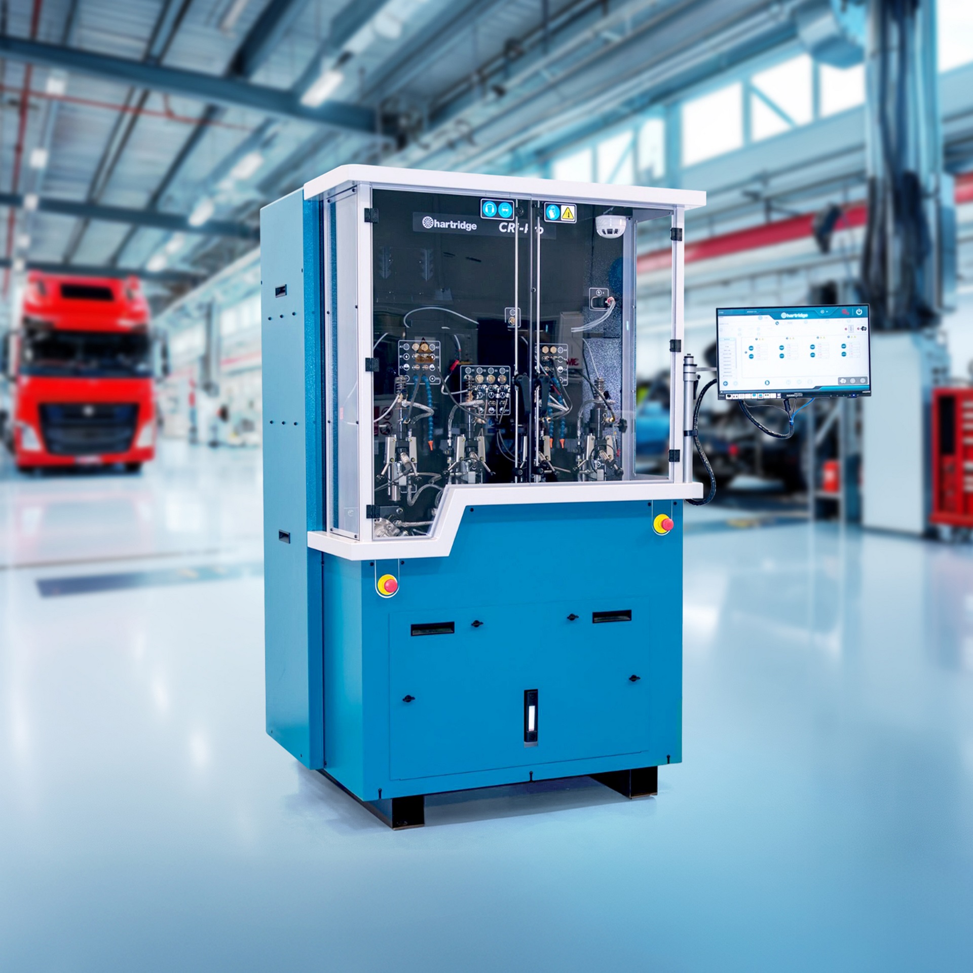 Blue Hartridge common rail injector test bench in warehouse