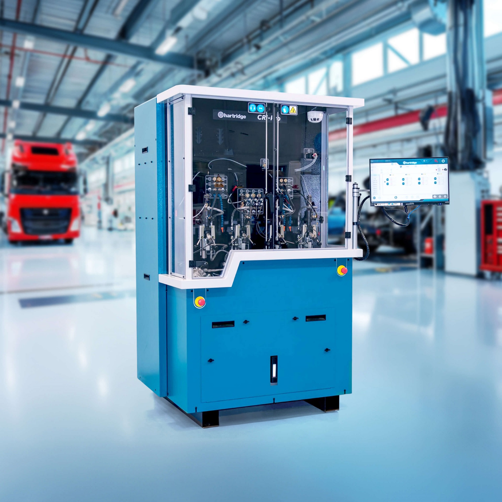 Blue Hartridge common rail injector test bench in warehouse